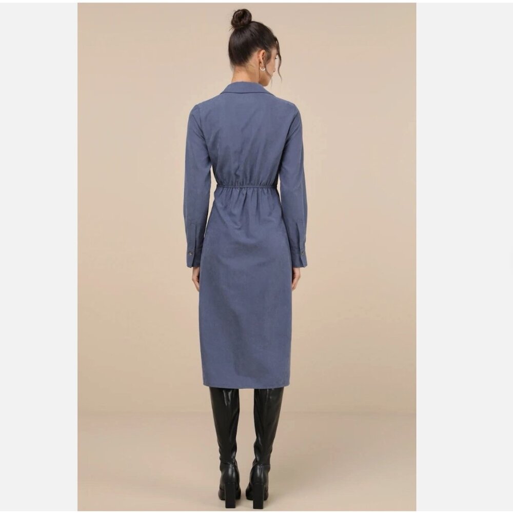 NWT Lulus Autumnal Views Dark Blue Suede Button-Up Tie-Front Midi Dress Women XL - Picture 3 of 16